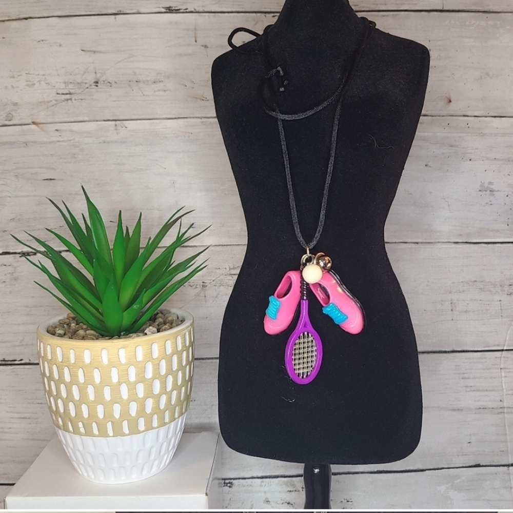 fun vintage tennis pendants on Long black cord necklace 30"
